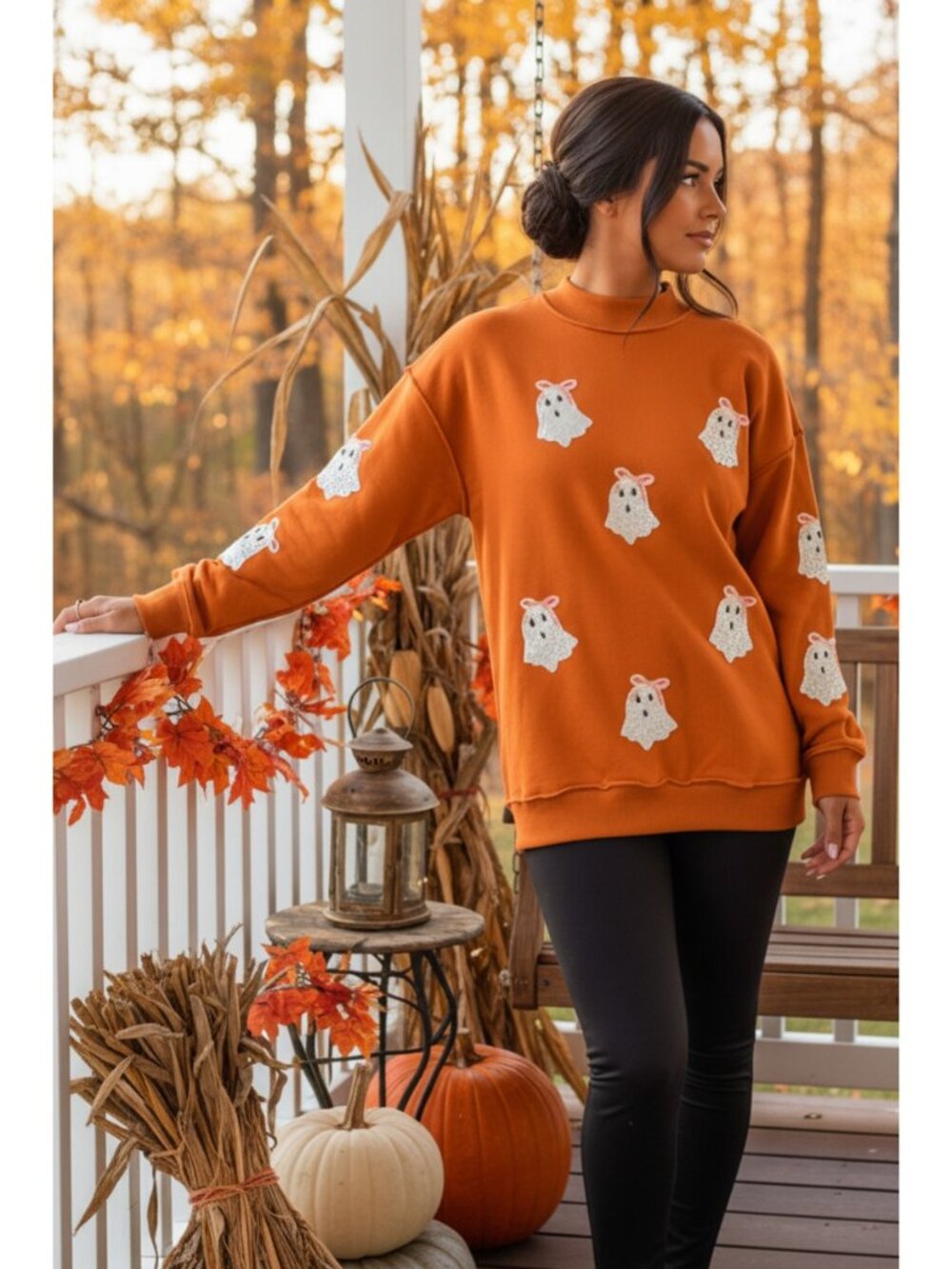 Sequin Ghost Exposed Seam Mock Neck Halloween Long Sleeve Boxy Sweatshirt